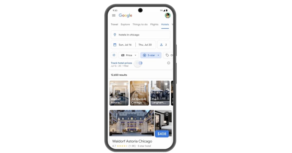 Sample Google Hotels search